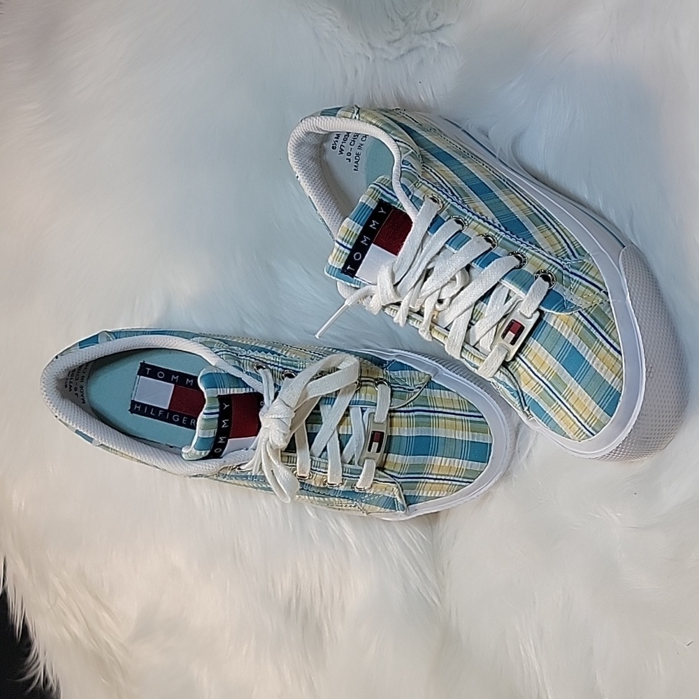 Tommy Hilfiger Vintage Plaid  Blue and Yellow  Platform Lace up Sneakers
